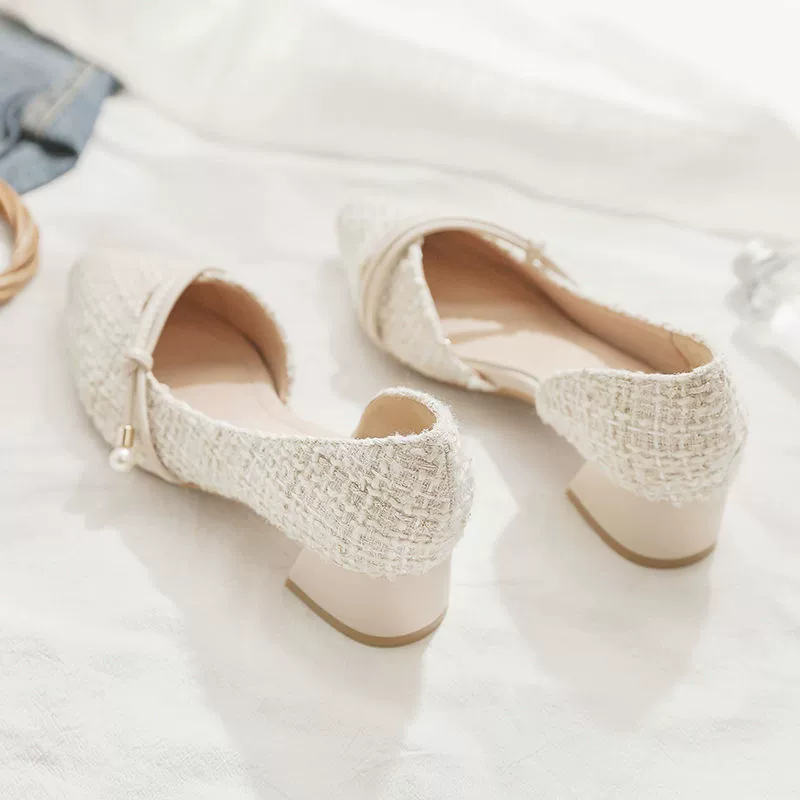 Little Xiangfeng одиночные туфли женские весна и лето 2021 новый грубый каблуковый дикий острый рот фея нежные туфли на высоком каблуке сандалии