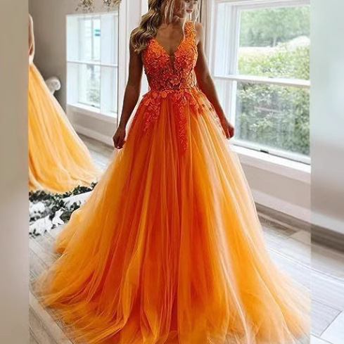 Amazon Best Selling V-Neck Tulle Ball Gown Lace Applique Long Ball Gown 2026 Formal Evening Dress