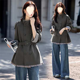 格子拼接风衣外套女短款2025秋新款今年流行系带双排扣大衣