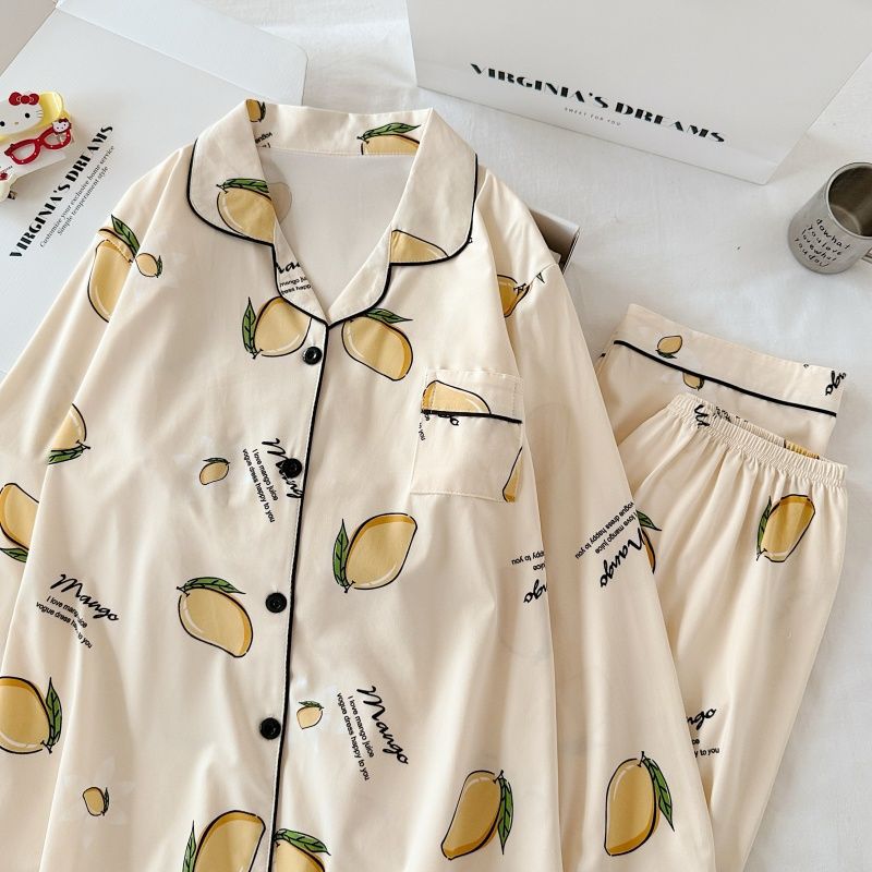 Pijamas al por mayor transfronterizos de algodón de mujer cardigan de otoño con solapa de mangas largas pantalones simples y cómodos set de ropa de hogar suelta