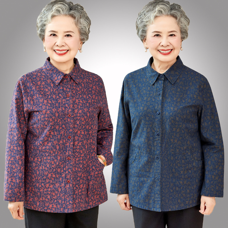 Grandma's autumn collection: pure cotton shirt, long-sleeved shirt for middle-aged and elderly women, spring and autumn wear, all-cotton top, clothing for elderly women