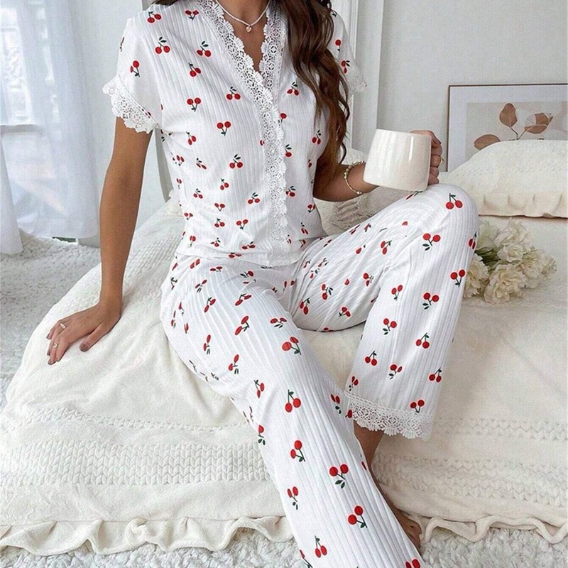 New European and American style women's pajamas with sexy lace collar, cherry print top, slim-fit pants, home wear