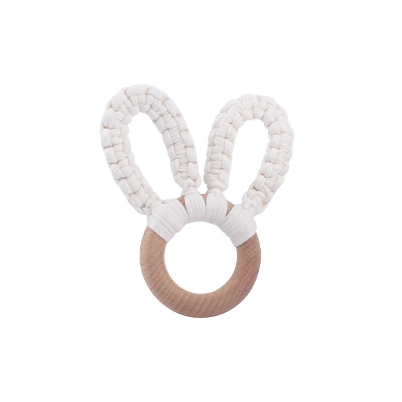 DIY bebé creativo Beech anillo mordedor pulsera juguete hecho a mano de algodón tejido orejas conejo dientes molienda palo