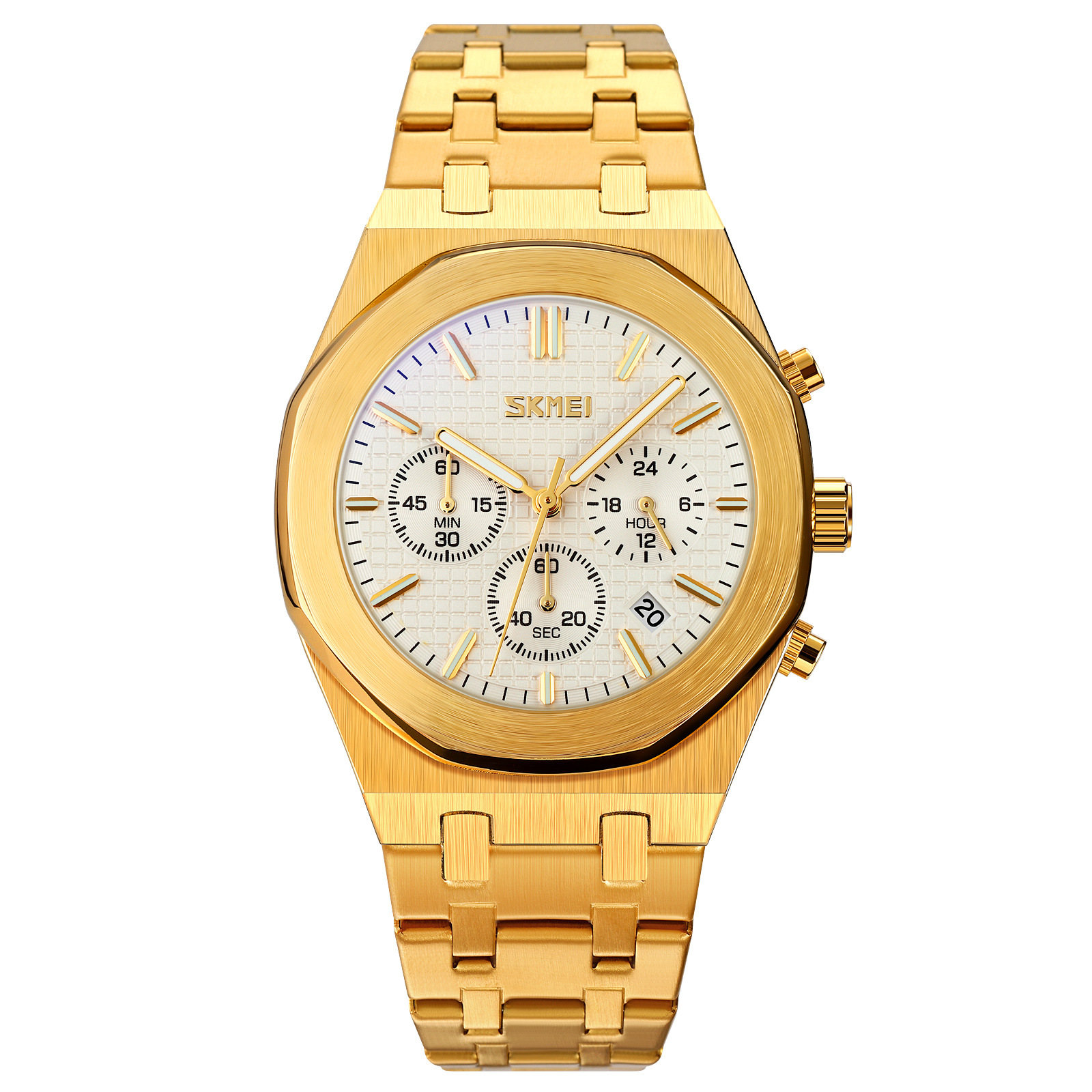 Momento de los relojes de pulsera de tres ojos seis agujas multifuncional correa de acero para hombres reloj de cuarzo impermeable suministro transfronterizo