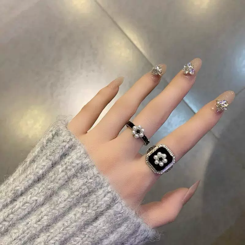 法式复古简约冷淡风滴油花朵珍珠戒指 开口可调节两件套戒子指环