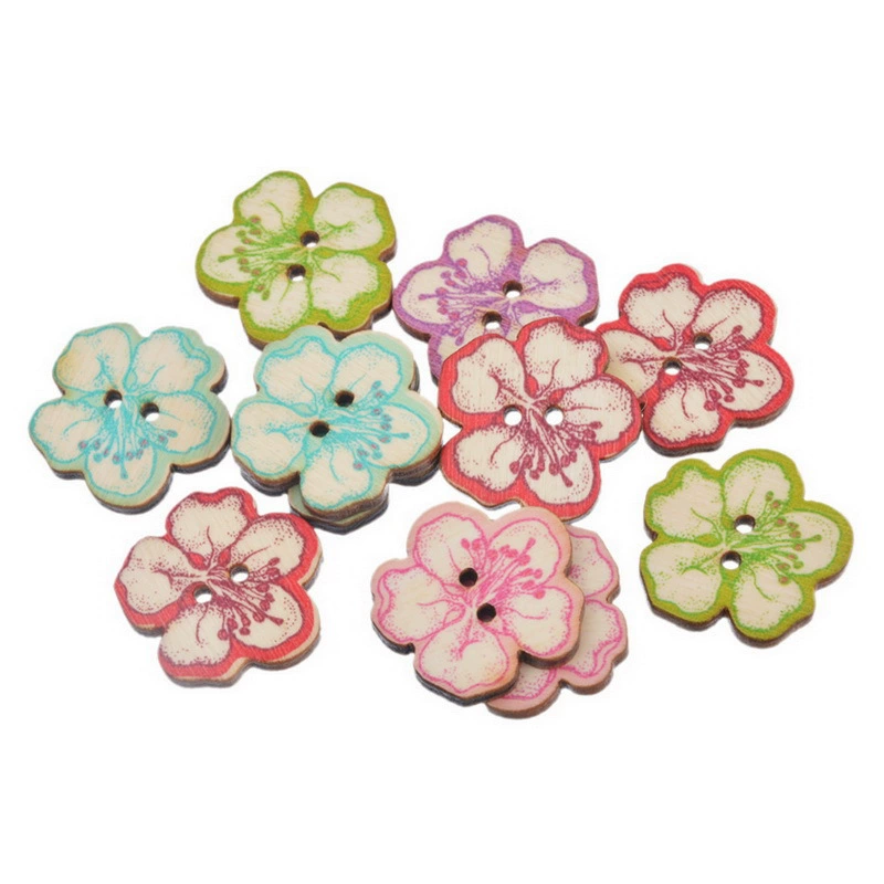 Смешанный Персиковый Цветок с двумя отверстиями, деревянная пуговица 2,5x2,5 см-30, пятилепестковый цветок, ювелирные аксессуары, материал, ткань для одежды