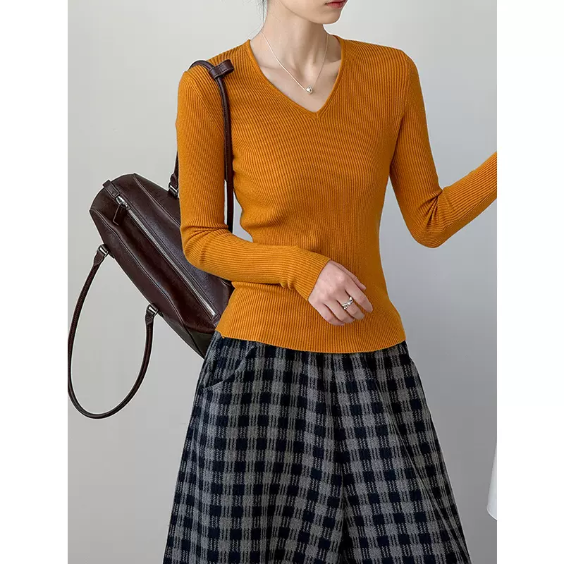 橘芷秋冬新款V领纯欲辣妹针织打底衫毛衣女秋冬季修身上衣313-1