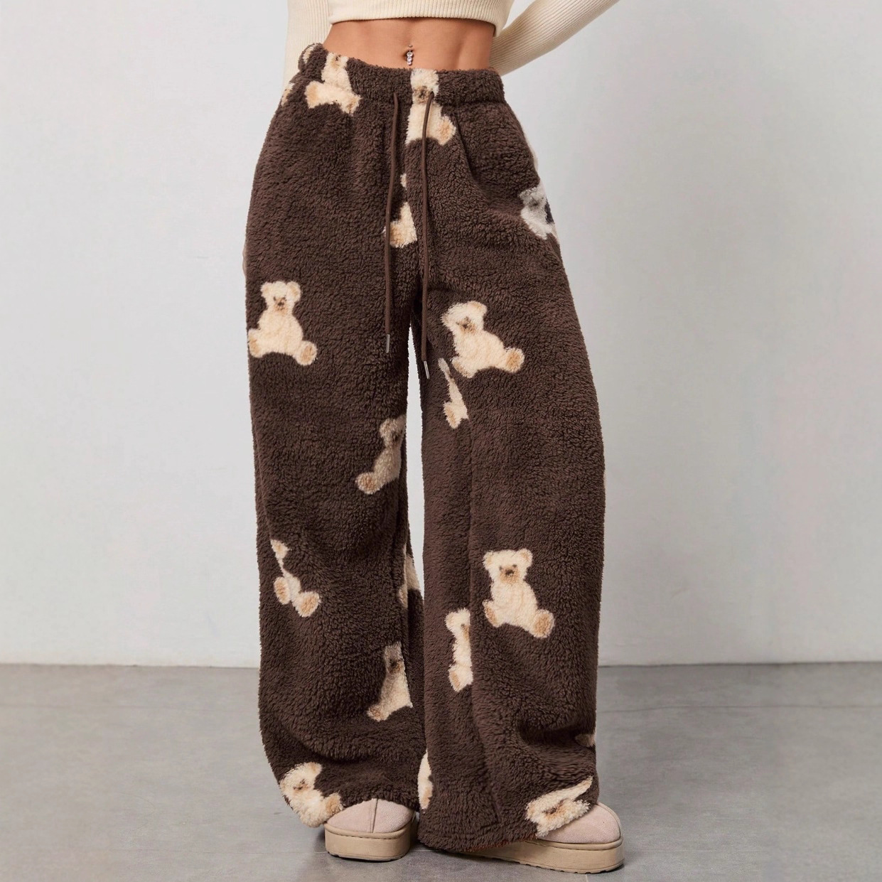 Amazon 2025 Autumn and Winter European and American Cross-Border Fashion Casual Style Women's Bear Pattern Autumn and Winter Furry Pants for Women