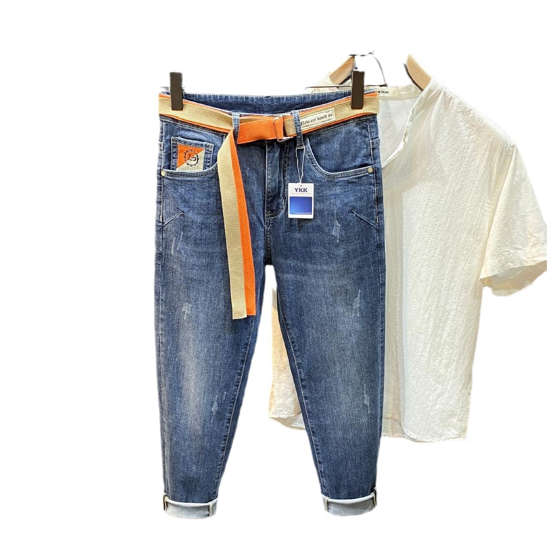 2024 new light blue cropped jeans for men in spring, slightly loose slim fit, small ankle belt, casual long pants_voghion.com