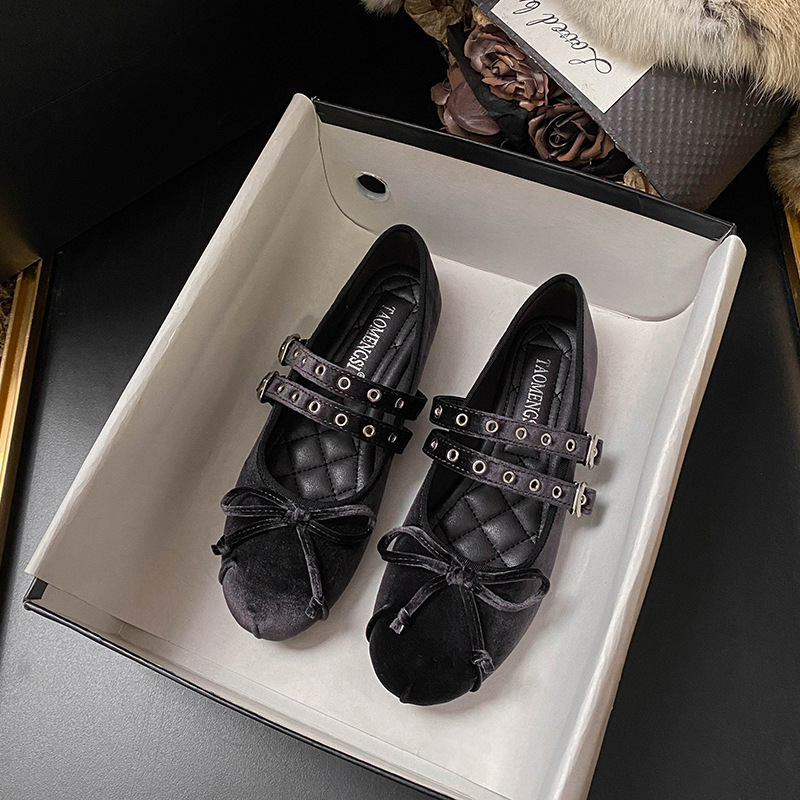 Runaway Princess Ballet Shoes, Soft Sole Velvet Mary Jane Shoes For Women, Early Spring Fairy Bowknot Suede Flats_vogvips.com