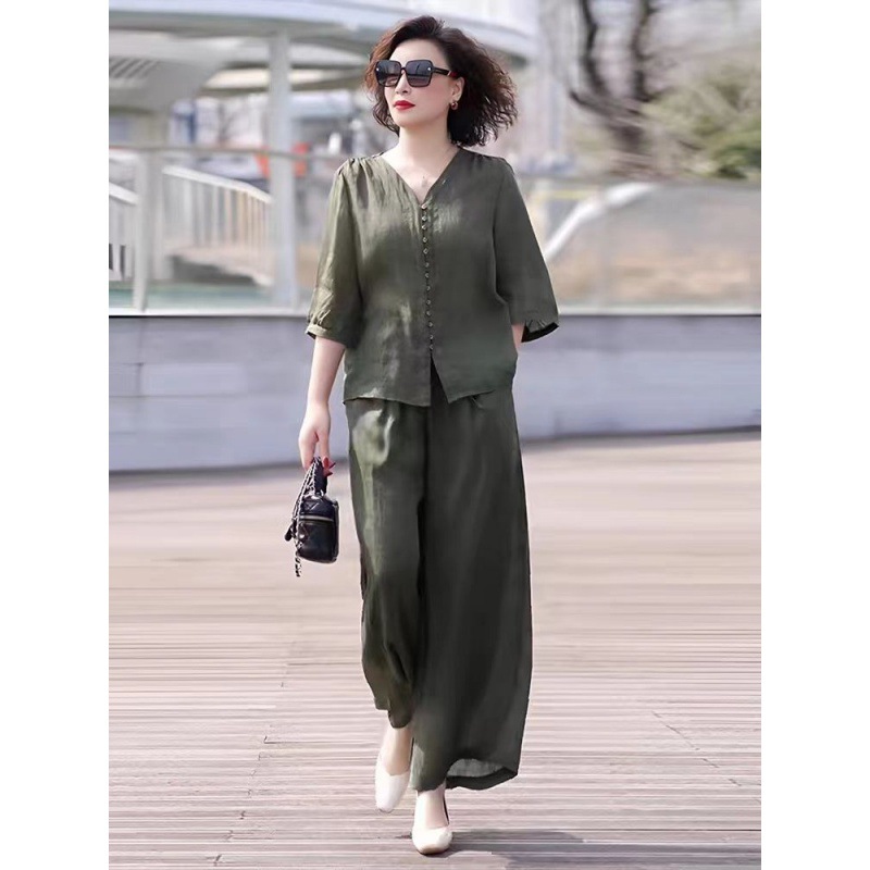 Suit for Middle-Aged Moms with a Stylish Look, 2024 Summer New Casual Fashion Single-Thread Linen Top and Wide-Leg Pants Two-Piece Set