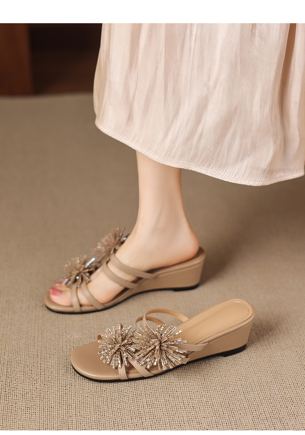 Sandal cao gót nữ hở mũi đế xuồng đính đá pha lê, gót 5 cm, chất da bò mềm — màu trắng ngà chi tiết 20