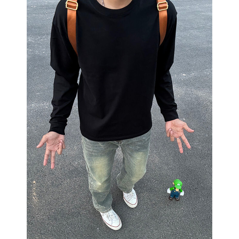 Pure Black Small Neckline Round Neck Sweatshirt Men's Autum Handsome High-End Long-Sleeved T-Shirt American Style Inner Layering Shirt