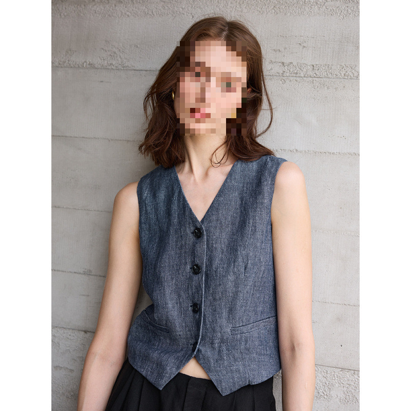 Elegant V-neck dyed pure linen vest for women, niche commuter vest, summer old money French style short vest
