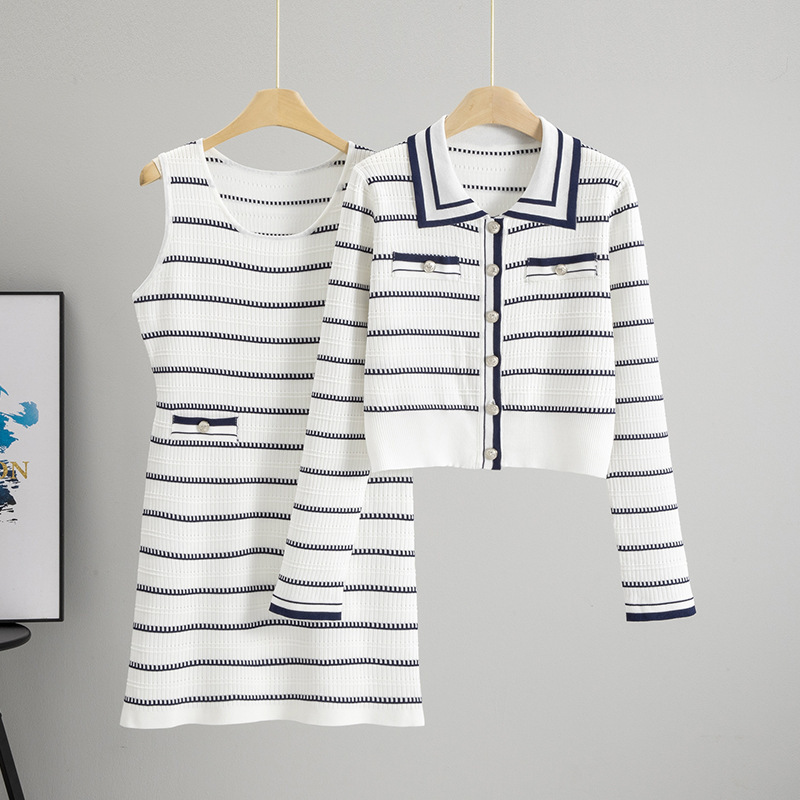 Cross-Border 2026 New Spring and Autumn Long-Sleeve Striped Sweater Dress Two-Piece Set Knit Cardigan Women's Summer Fashion