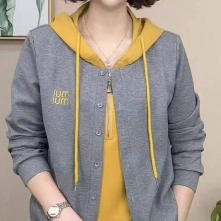春秋新款时尚女装假两件连帽卫衣女士洋气休闲妈妈装长袖开衫上衣|undefined