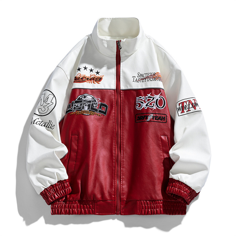 2025 American Retro Autumn Patchwork Color-Blocking Motorcycle Leather Jacket Jersey Style Spring and Autumn Loose Casual Style