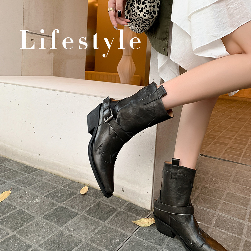 Boot nữ cao gót mũi nhọn chữ V kiểu cowboy gót thô khóa thắt lưng — Màu nâu [lót nhung] chi tiết 3