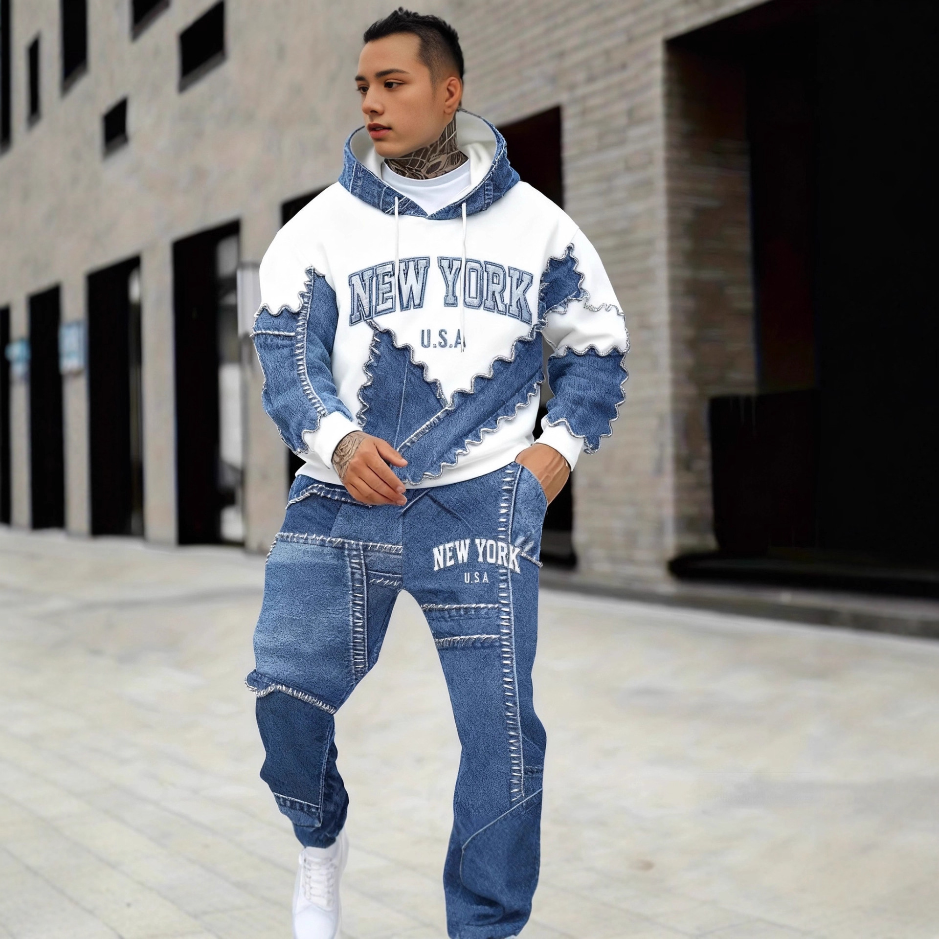 Herrenbekleidung Denim-Look: Kapuzenpullover und Jogginghose, Digitaldruck, lässiges Zweiteiler-Ensemble, Schwarz, Blau, Grau_voghion.com