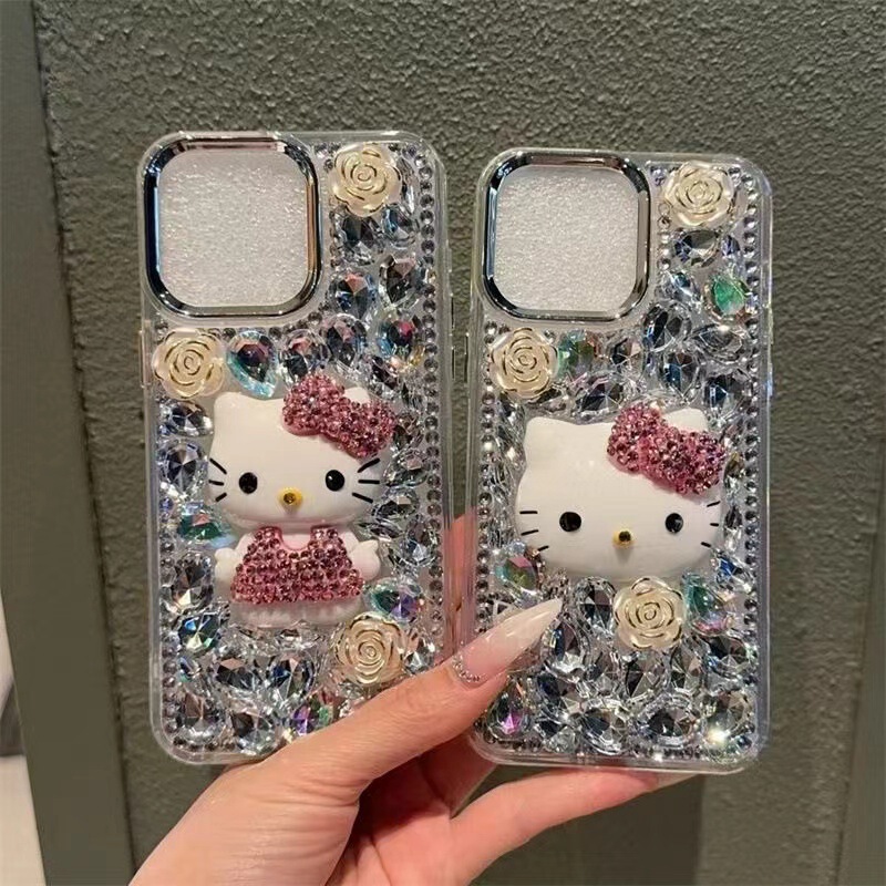 Glass Rhinestone Stereo Hello Kitty Full Diamond Shell Suitable for Apple 16Promax Mobile Phone Case Luxury Rhinestone Apple 15