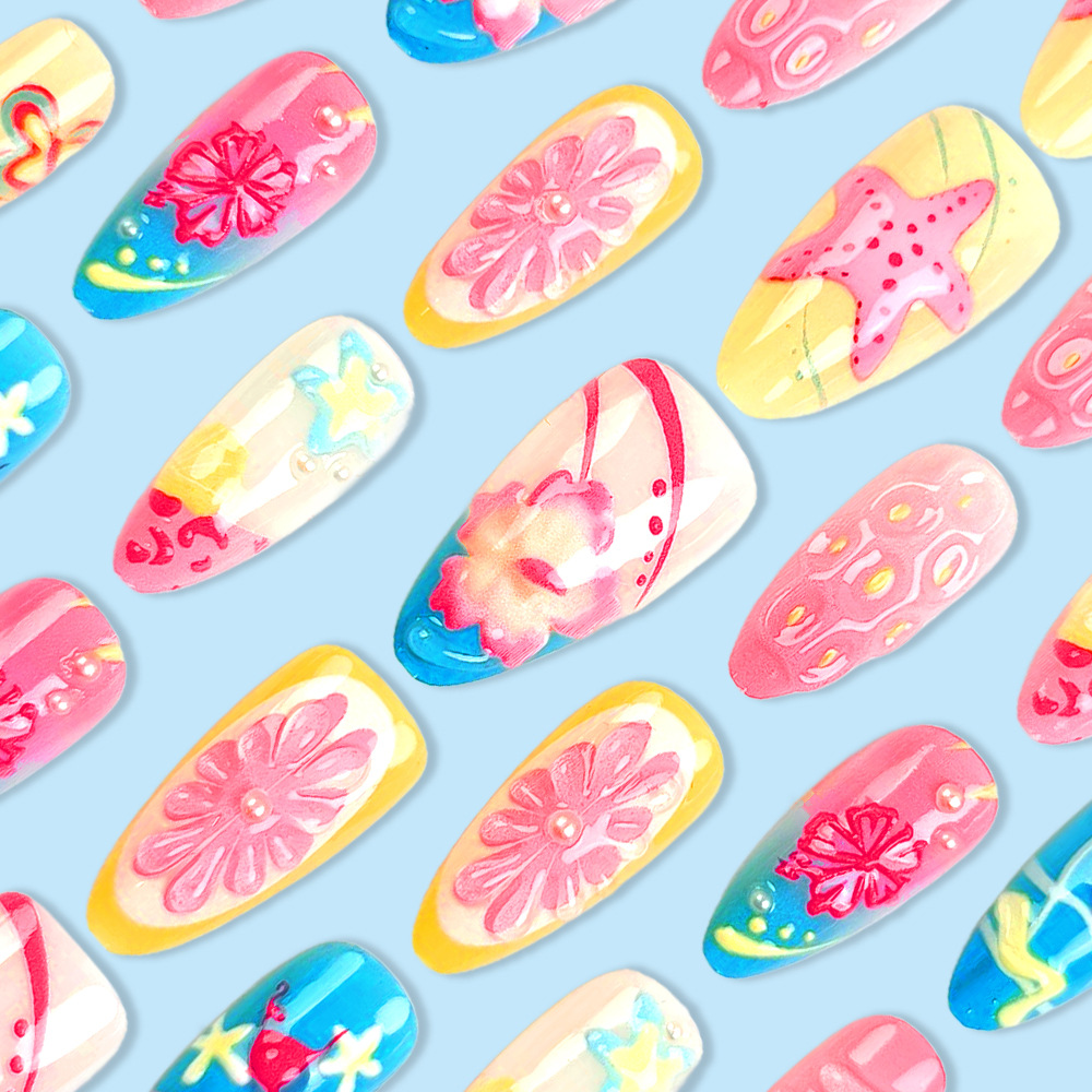 Pegatinas de uñas con diseño de dopamina europeas y americanas, puntas de uñas coloridas en forma de corazón estilo macaron, 30 piezas de uñas postizas cortas y desmontables.