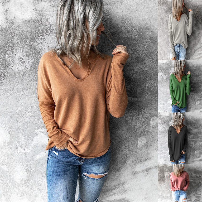 Solid Color V-Neck Long-Sleeved Fleece T-Shirt NSYHY106400