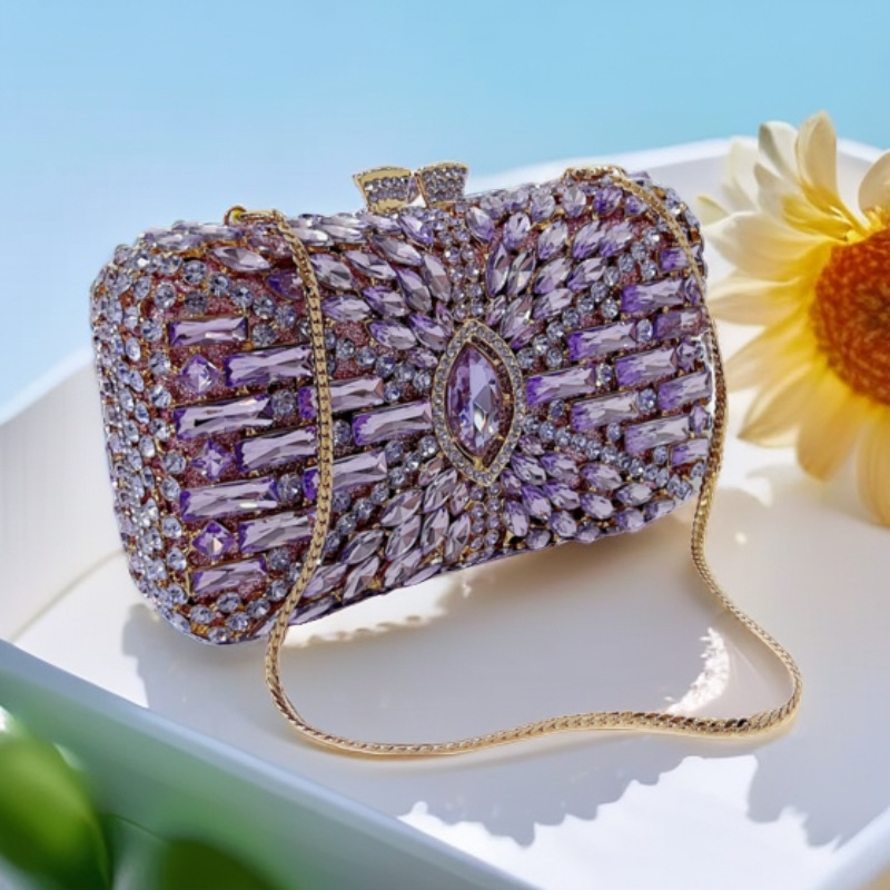 Túi clutch nữ đính đá rhinestone hộp cứng kim loại cầm tay dạ hội — Màu hồng, Hoa violet, Đế vàng kim cương, Màu sâm panh chi tiết 4