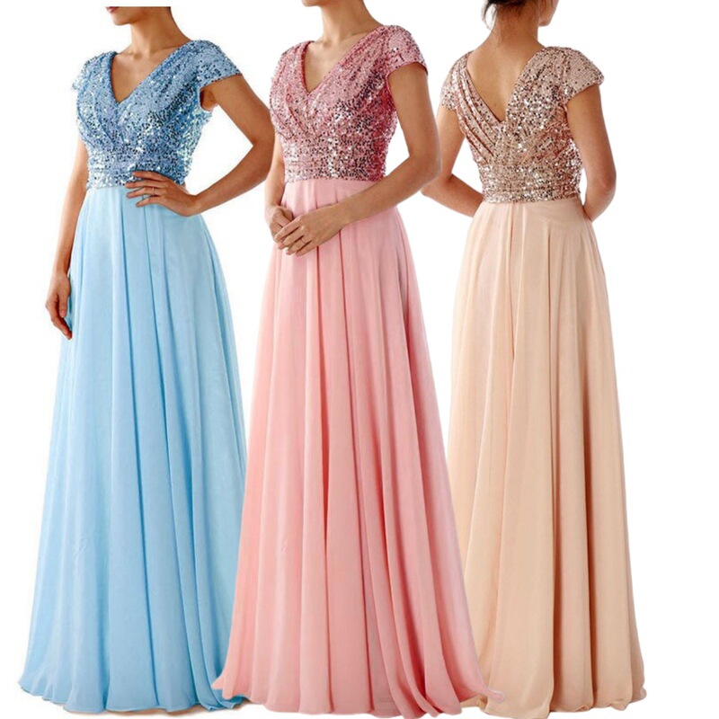 Cross-Border New Summer Dress Amazon's New V Neck Sequined Chiffon Splicing Evening Dress Long Skirt (4 Colors)