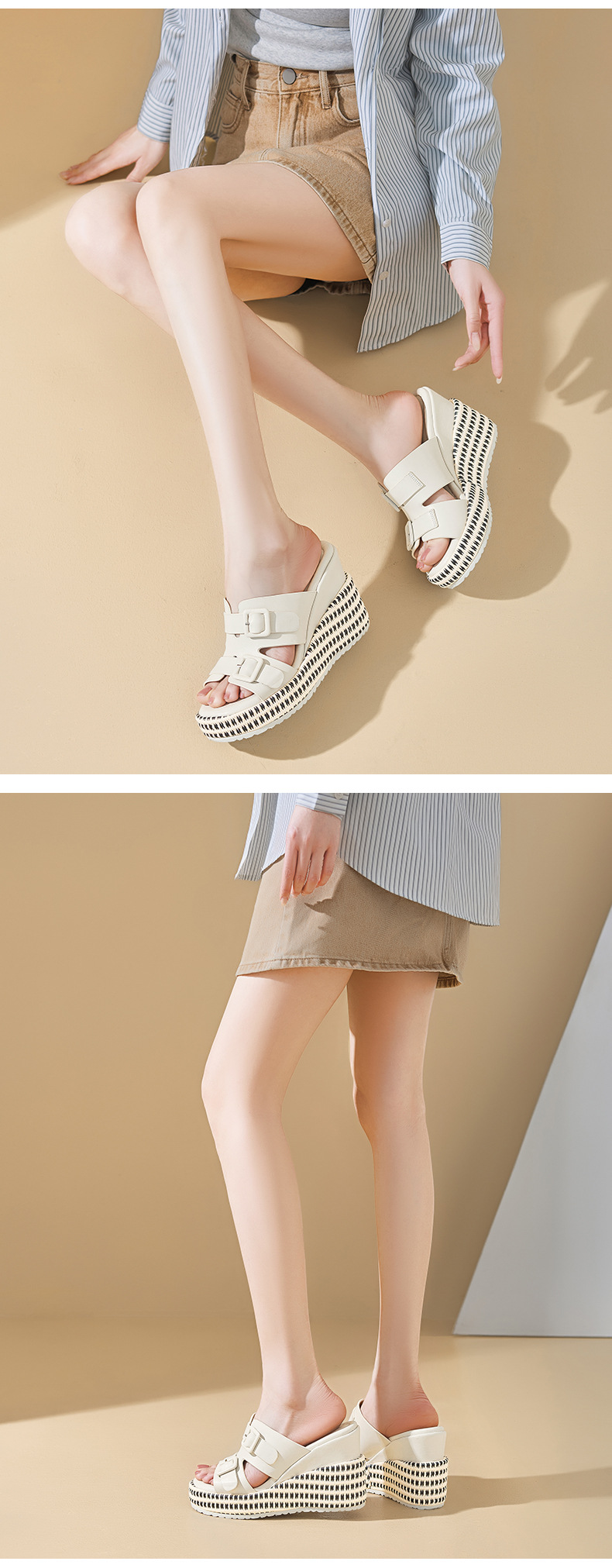Sandal cao gót nữ đế xuồng da thật quai khóa mũi hở — màu đen, màu nâu nhạt, Trắng kem- chi tiết 8