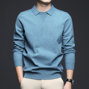 2023 Spring and Autumn New Western style casual sweater men's fashion sweater lapel solid color slim bottoming shirt