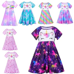 Unicorn Elsa Princess Frozen Girls Princess Dress Short Sleeve One-Piece Dress Performance Costume Digital Printing