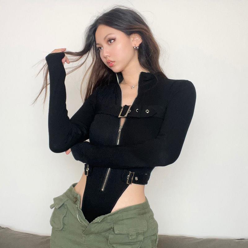 Functional Style Metal Buckle Zipper jumpsuit Women's High Waist Split Spice Girls Vertical Collar Sports Tight Long Sleeve Cardigan Top
