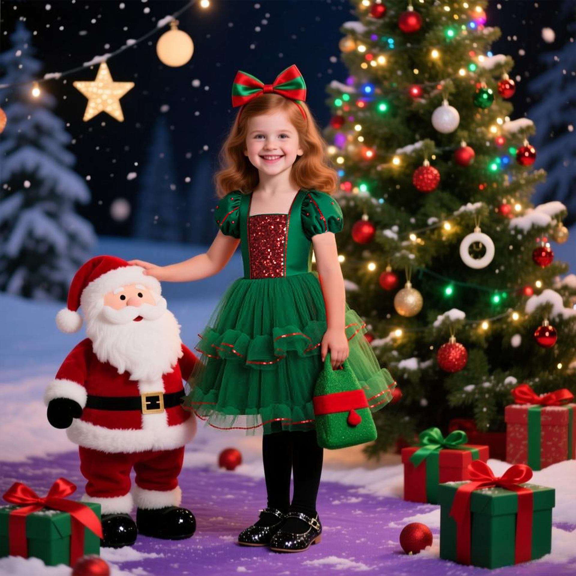 Navidad transfronteriza vestido de niña malla clavado vestido de linterna mangas vestido de princesa vestido de Navidad