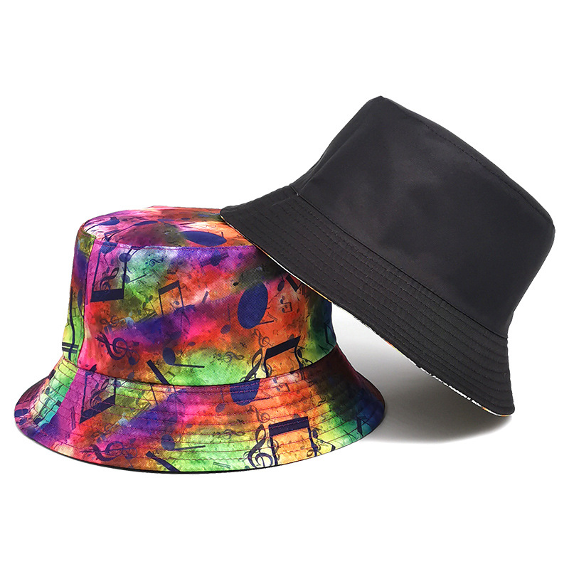 Polyester Material Unisex Retro Streetwear Color Block Notes Printing Wide Eaves Bucket Hat