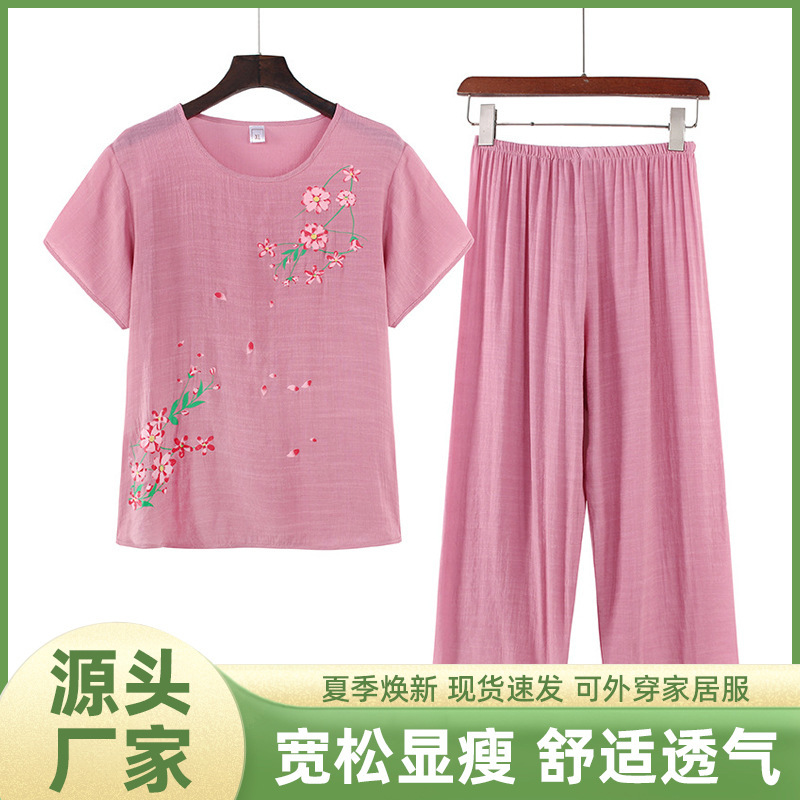 2026 New Summer Cotton and Linen Mom Set for Middle-Aged and Elderly Women, Simple and Comfortable, Large Size, Ready to Wear Outside as Loungewear