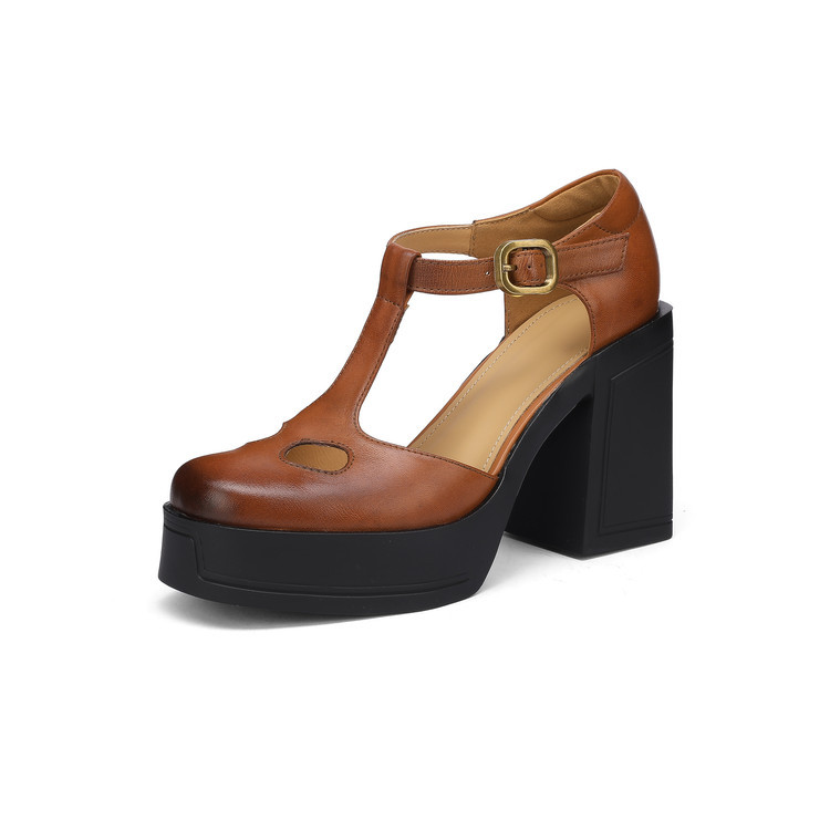 Sandal nữ đế xuồng platform gót vuông phong cách vintage khóa kim loại — màu nâu, màu đen chi tiết 19