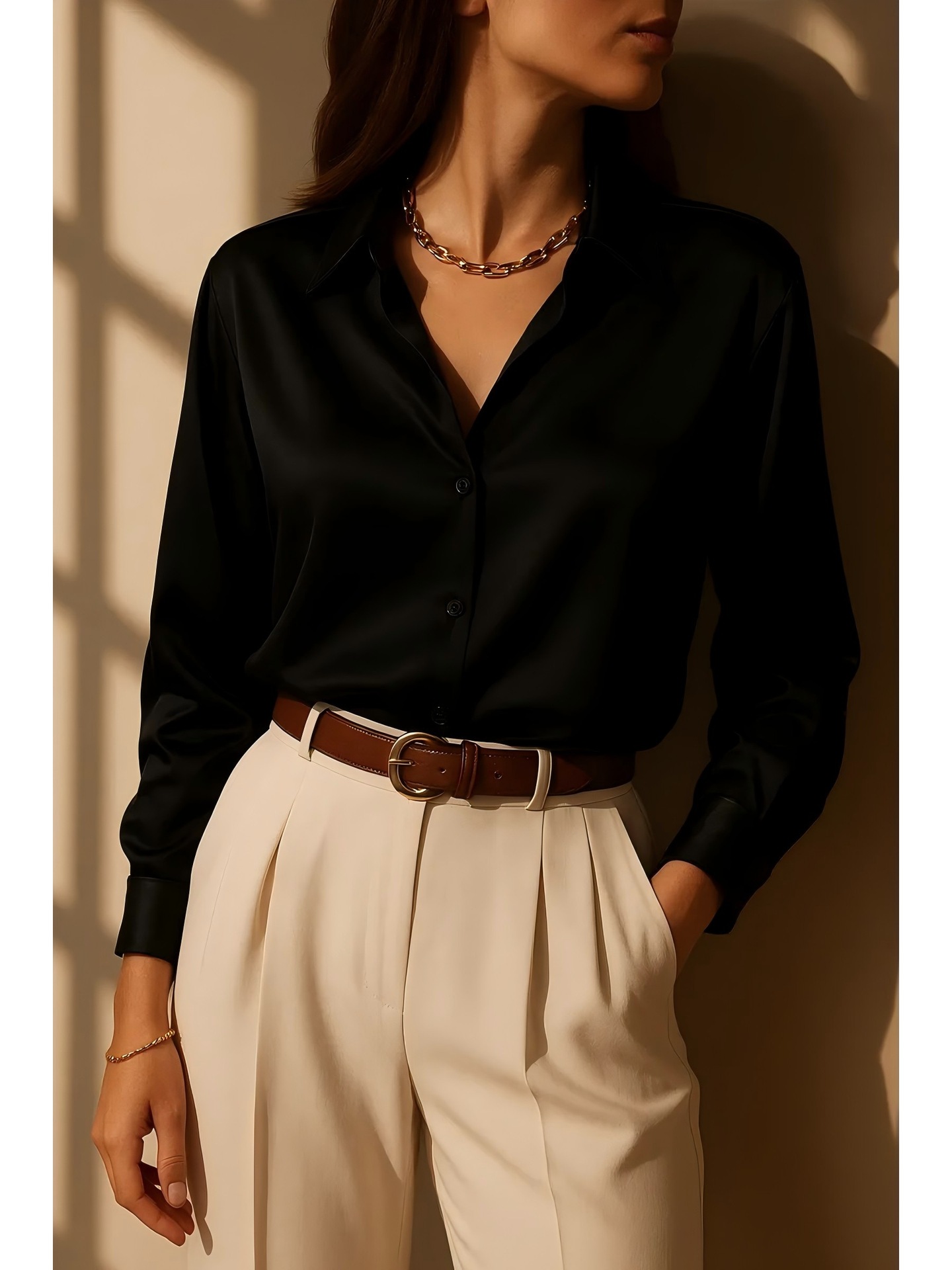 Women's Solid Color Acetate Long Sleeve Shirt Spring New Arrival Silky Satin Feel Wrinkle Resistant Drapey Texture Basic Top_ecoleips.com