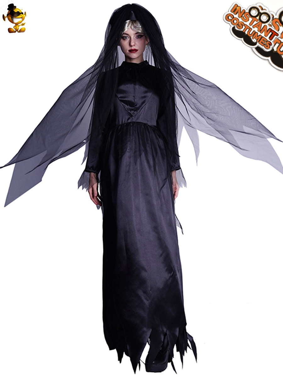 Bruja de Halloween traje fiesta Cosplay traje de escenario uniforme tentación negro gasa fantasma traje de la novia