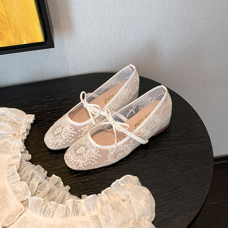 Zapatos Mary Jane para Mujer con Tacón Oculto, Estilo Ballet, Punta Cuadrada de 3.5cm, Malla con Cordones y Lazo