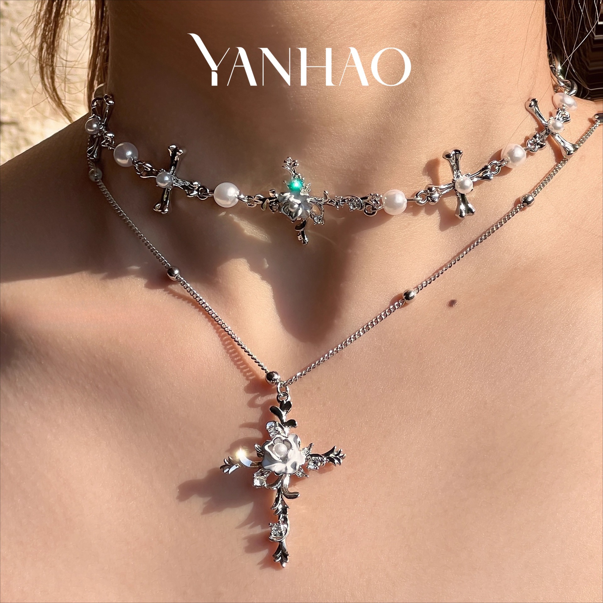 Double-Layer Cross Pearl Flower Stacked Choker Necklace Niche Design Trendy Clavicle Chain