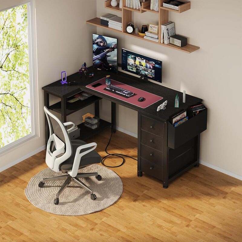 Home L-Shaped Computer Desk Office Bedroom with Drawers and Storage Shelves Small 47inch Corner Desk with Sockets