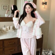 海岛绒可爱睡衣女2026新款家居服三件套双面绒保暖秋胸垫冬季睡衣