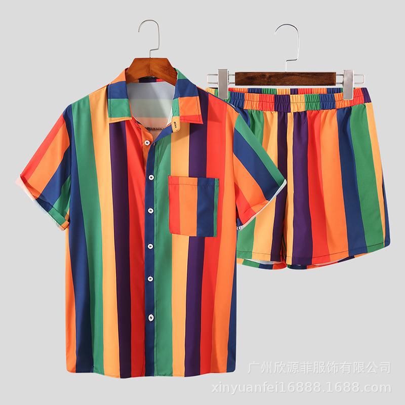 크로스보더 새로운 스트라이프 남성 투피스 AliExpress 아마존 핫 캐주얼 비치 세트 하와이안 남성복