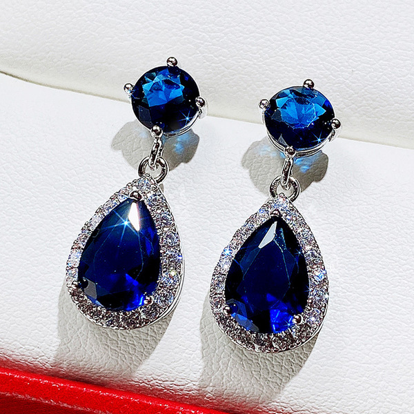 Cao Shi European and American Elegant Water Drop Aaa Zircon Earrings Copper Inlaid with Diamonds Emerald Multi-Color Optional Earrings and Earrings