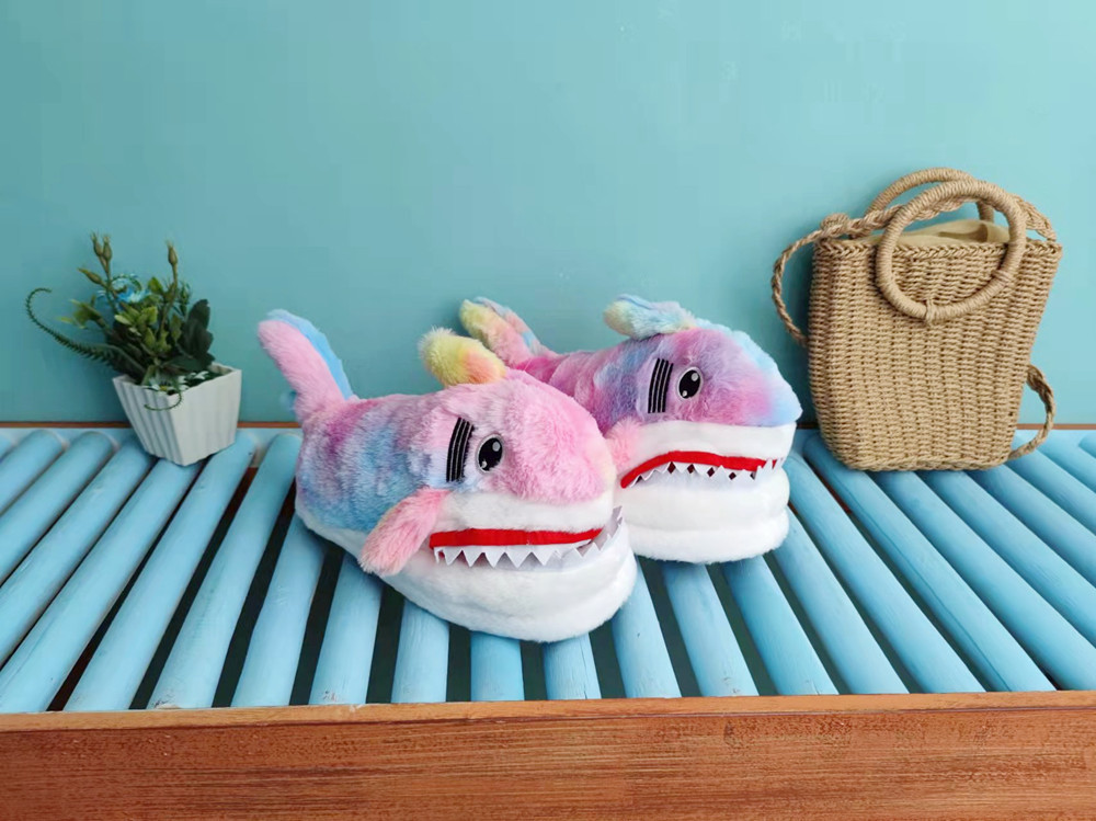 Pantofole di peluche con testa di squalo, suola spessa, 3D, per interni, calde, casa, cartone animato, scarpe di cotone_voghion.com