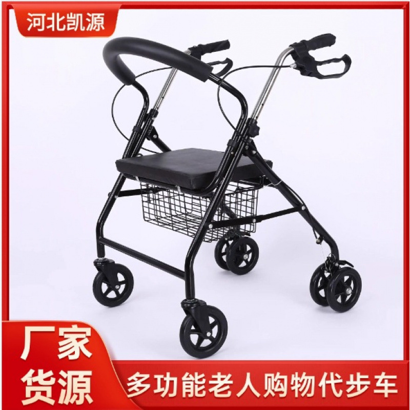 Elderly People's Trolley Folding Lightweight Scooter Iron Grocery Shopping Cart Six-Wheel Walker with Seat