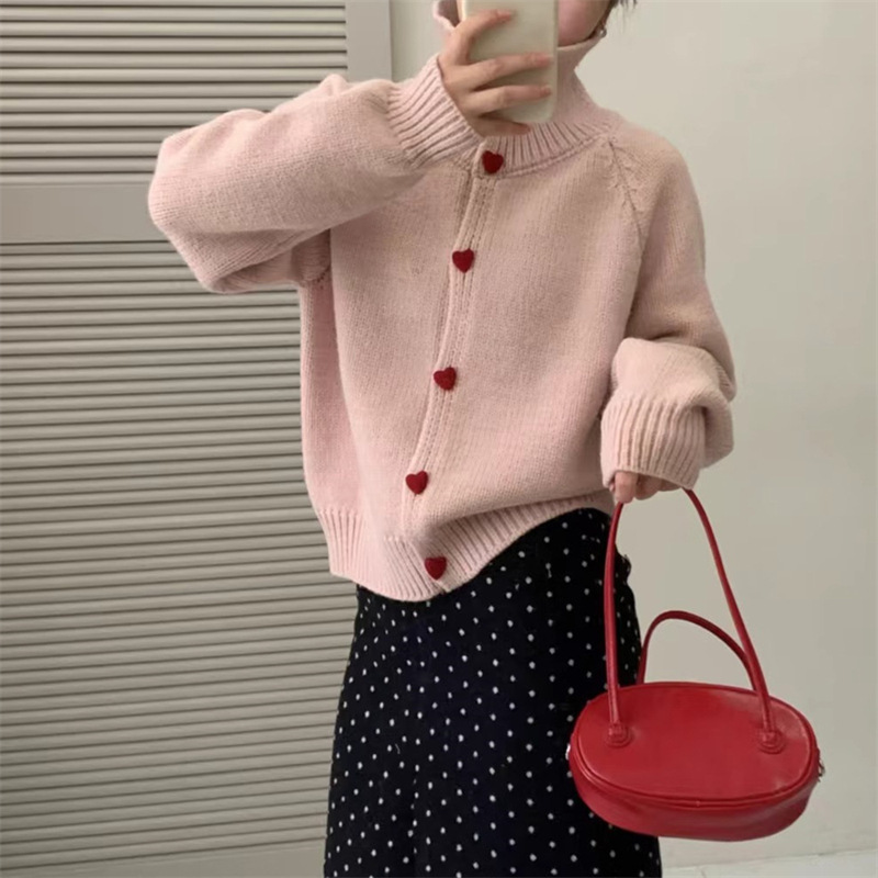 温柔风纯色爱心扣翻领毛衣外套女秋冬宽松显瘦高领针织开衫上衣女|undefined