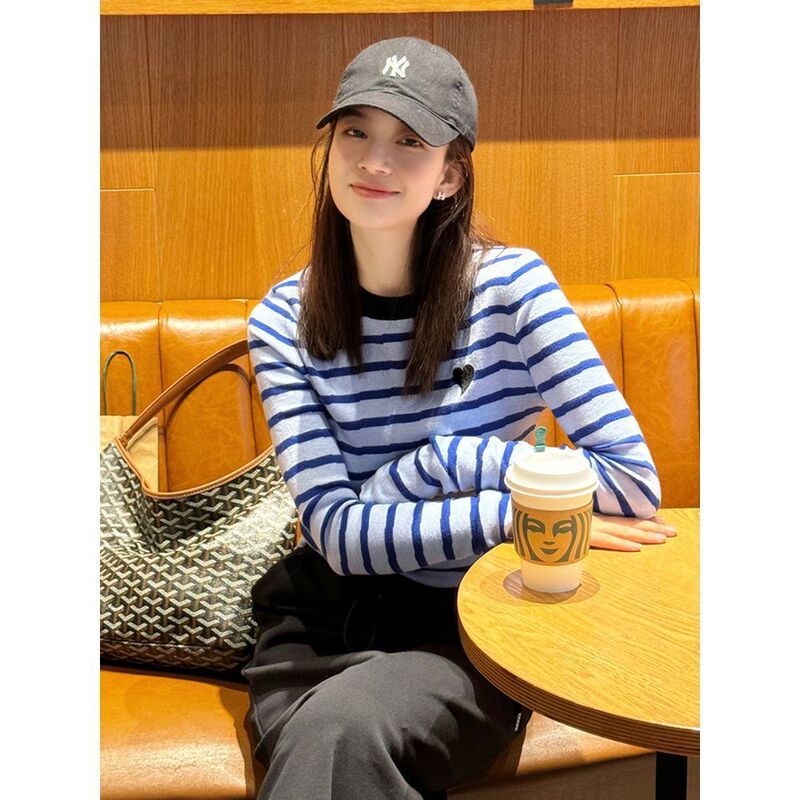 Blue Striped Slim-Fit Inner Layer Long-Sleeve T-Shirt Autumn Women's 2025 New Chic Knit Top