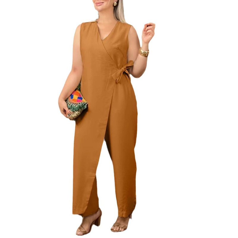 Damen-Jumpsuit, einfarbig, V-Ausschnitt, zum Binden, lässig, Frühling/Sommer, Polyester_voghion.com