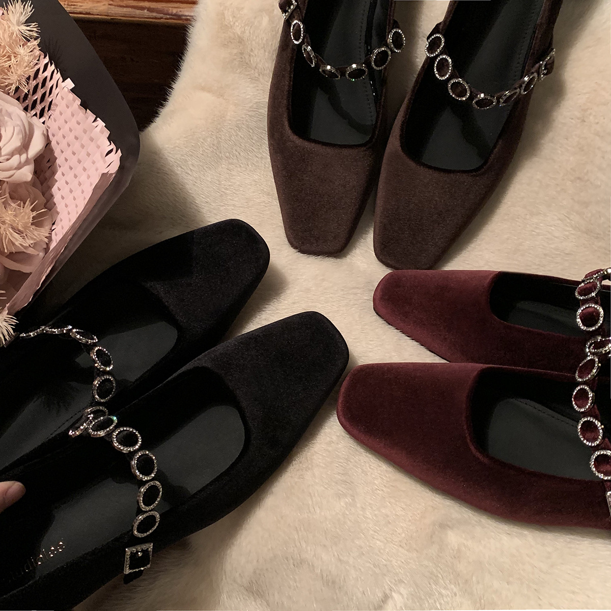 Versión de piel de oveja ~ Grape Madre estilo francés cuadrado superficial tacones altos con tacones bajos zapatos de zapatos Mary Jane para mujeres